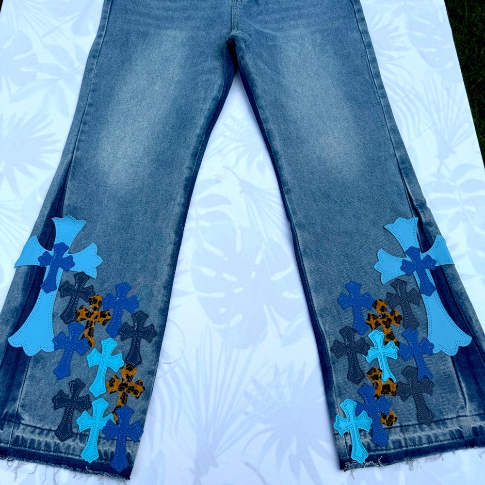 Chrome Hearts Blue Flare Jeans with Floral Embellishments